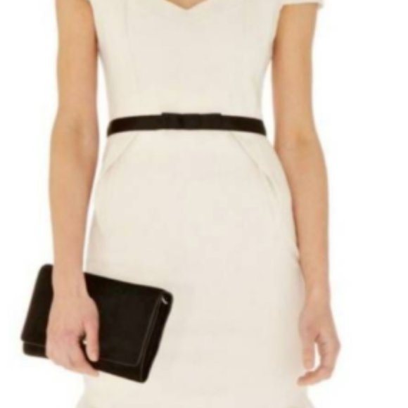 Karen Millen Womens Sheath Dress Ivory Belted Cap Sleeve Zip Up Stretch 8 New - Picture 6 of 9